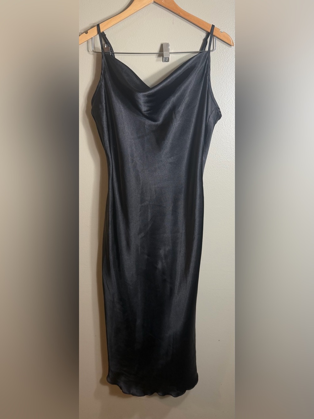 Bebe Black Satin Slip Dress Midi Cowl Neck Y2K Made in USA Large